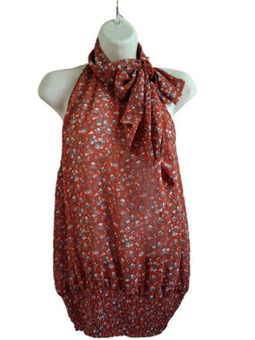 WE red Gray Floral Halter Blouse Size 6 tie neck officecore Boardroom.chic